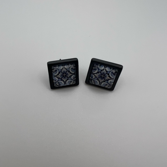 Classic Square Stud Earrings - Black and Silver Trendy Stud Earring Set - Picture 8 of 15